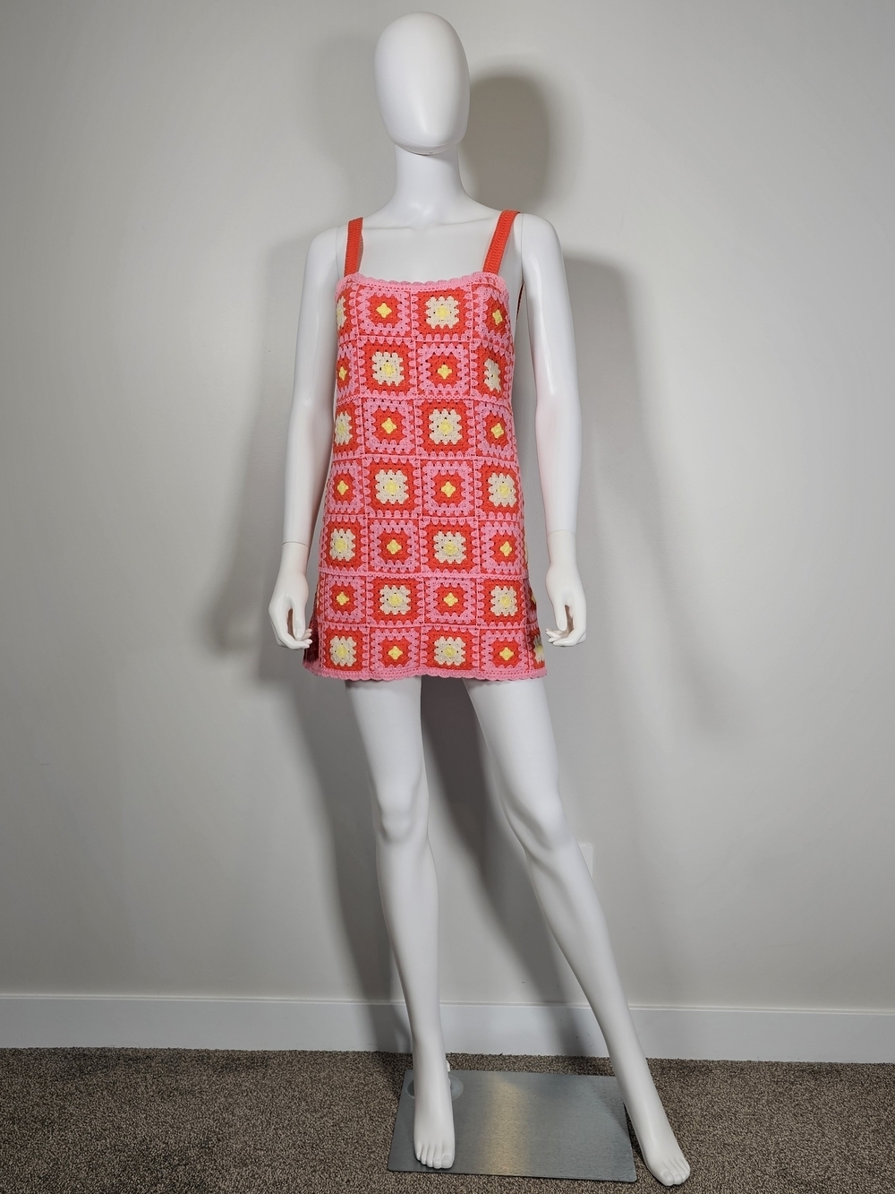 Zara Crochet Style Pink Orange Yellow Floral Mini Dress Sz S